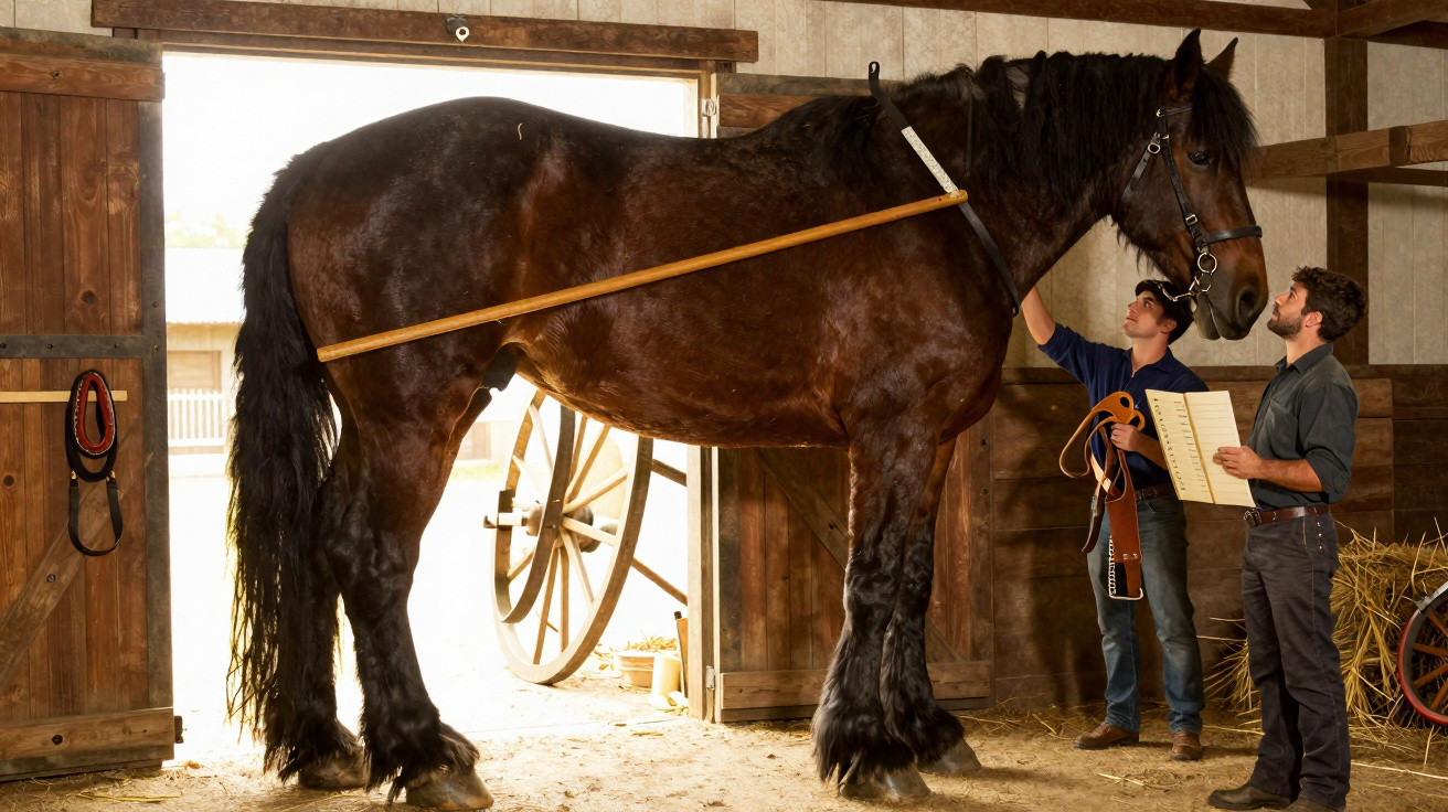 Cavalos e dois homens medindo o cavalo gigante com uma régua dentro de um celeiro.