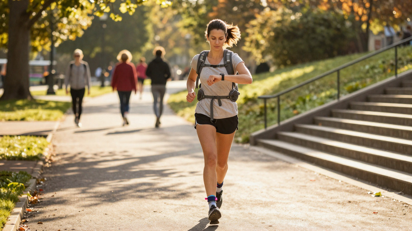 Mulher a correr num parque durante o dia, a olhar para o relógio no pulso, com outras pessoas a caminhar ao fundo.