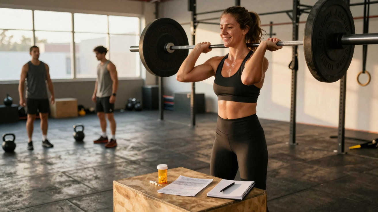 Mulher a levantar barra com pesos numa box de crossfit com duas pessoas ao fundo.