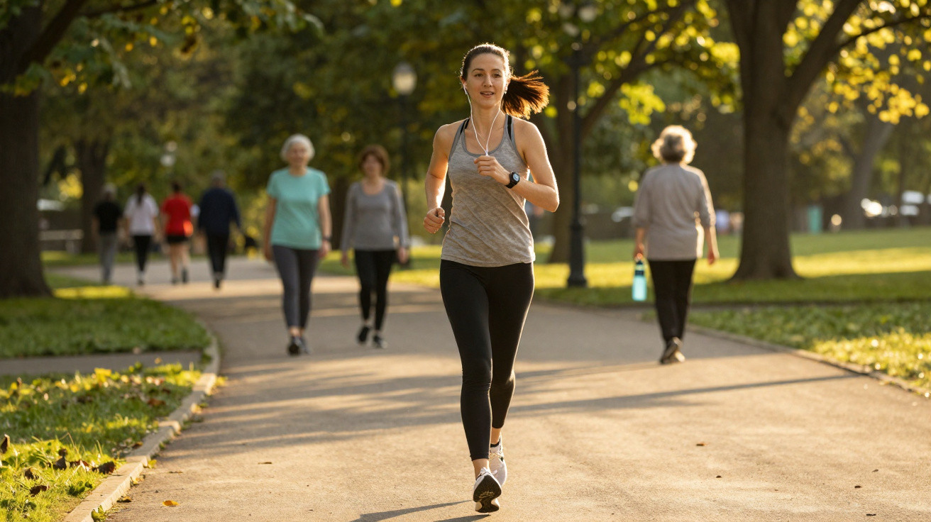 Mulher a correr num parque com árvores, com outras pessoas a caminhar ao fundo num dia ensolarado.