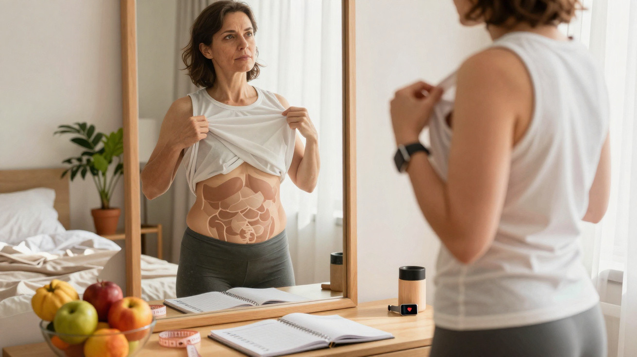 Mulher a olhar-se ao espelho com desenho de órgãos abdominais na barriga, em quarto iluminado.