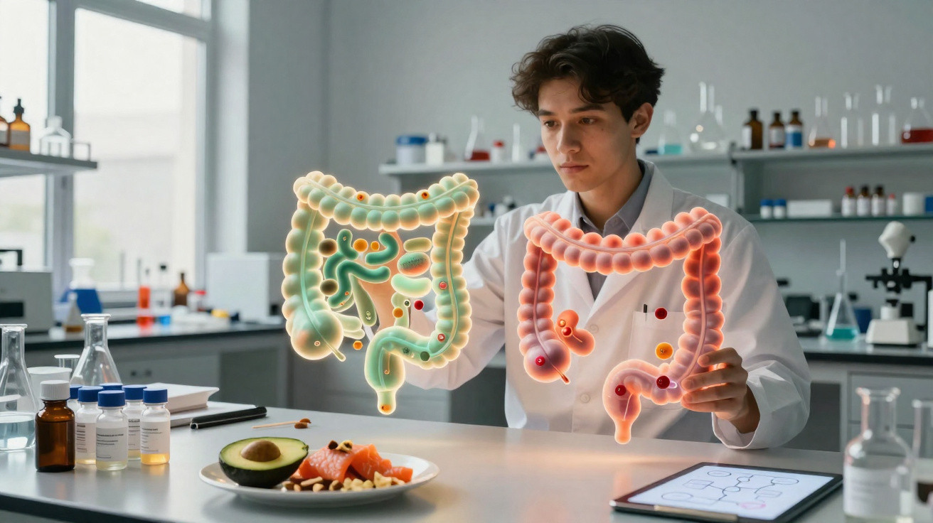 Cientista em laboratório analisa representações digitais do intestino e relação com alimentação saudável.