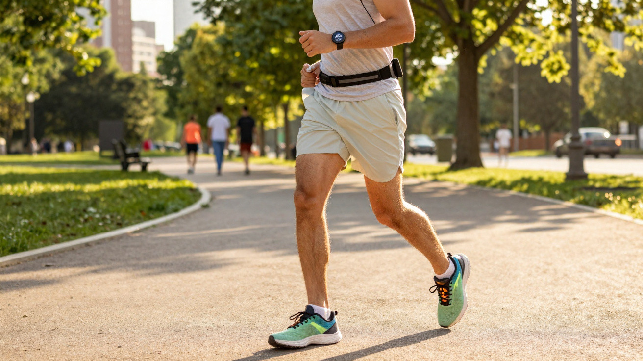 Homem a correr num parque urbano com árvores e pessoas ao fundo num dia soalheiro.