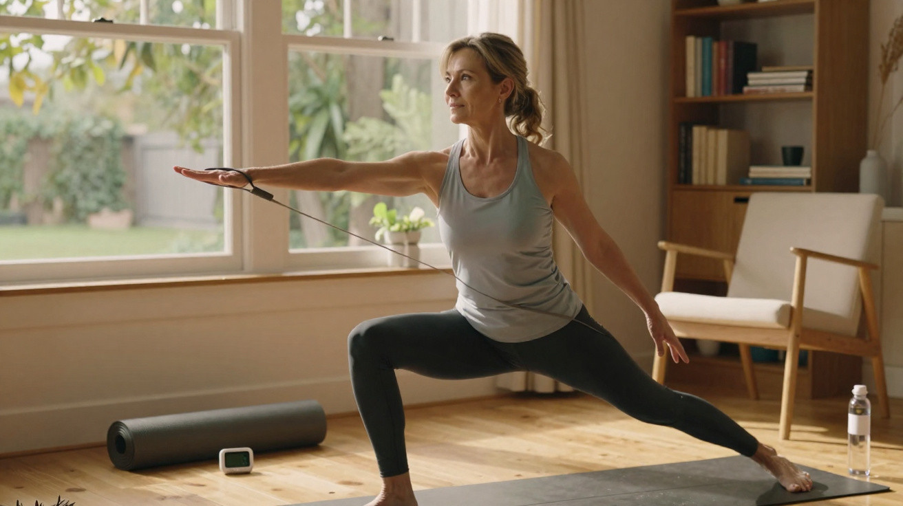Mulher a praticar yoga com elástico numa sala de estar, junto a janela grande e tapete de exercício.