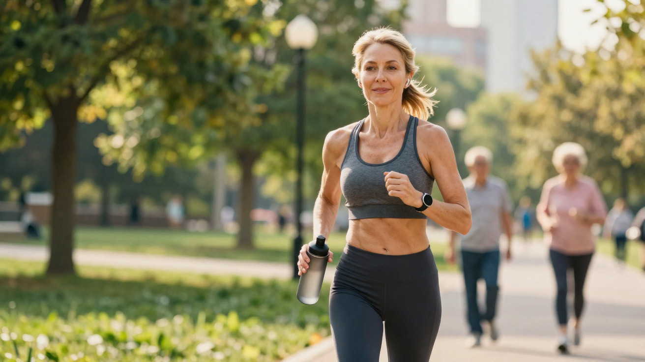 Mulher madura a correr num parque urbano com garrafa de água e roupa desportiva cinzenta.