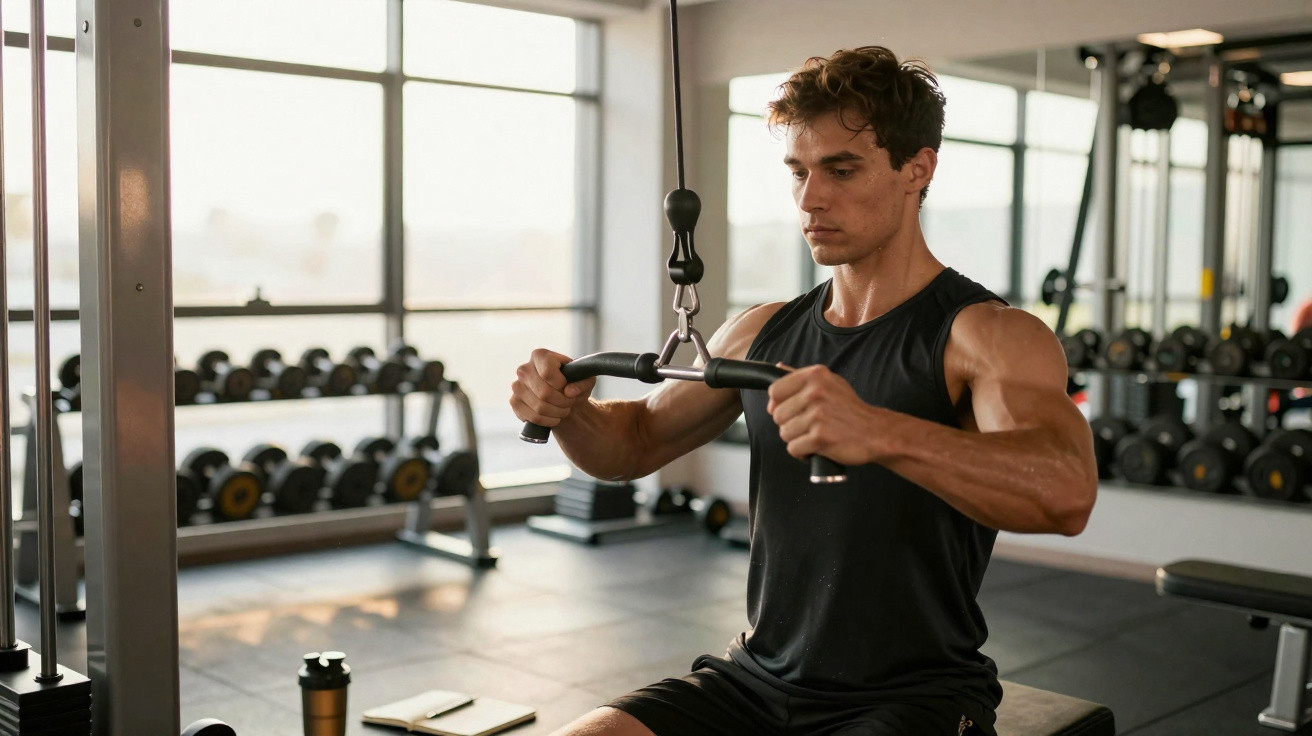Homem jovem a fazer exercício de puxar na máquina de cabos numa academia com espelhos e halteres ao fundo.