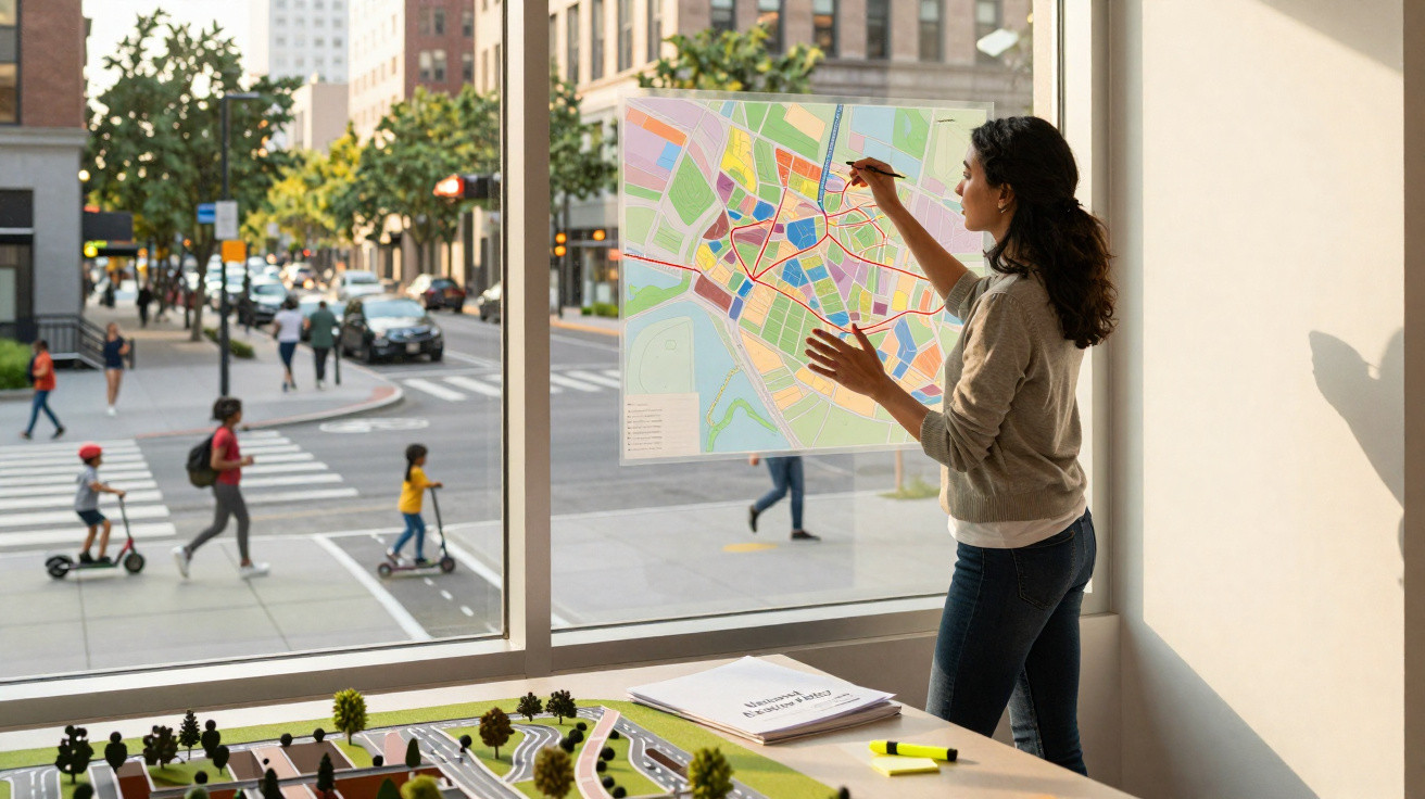 Mulher a desenhar num mapa de cidade colado à janela, com modelo urbano numa mesa e rua movimentada ao fundo.