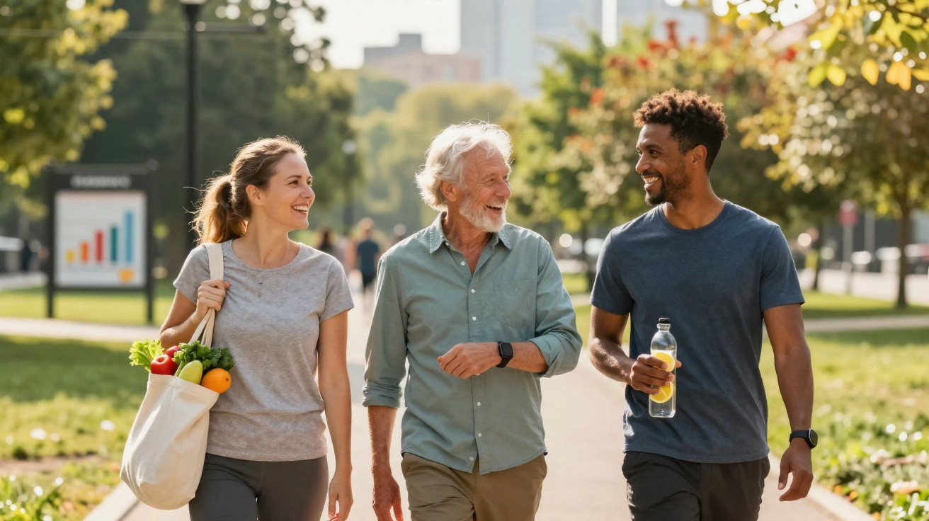 Três pessoas de diferentes idades a caminhar e conversar num parque ensolarado com árvores e relvado.