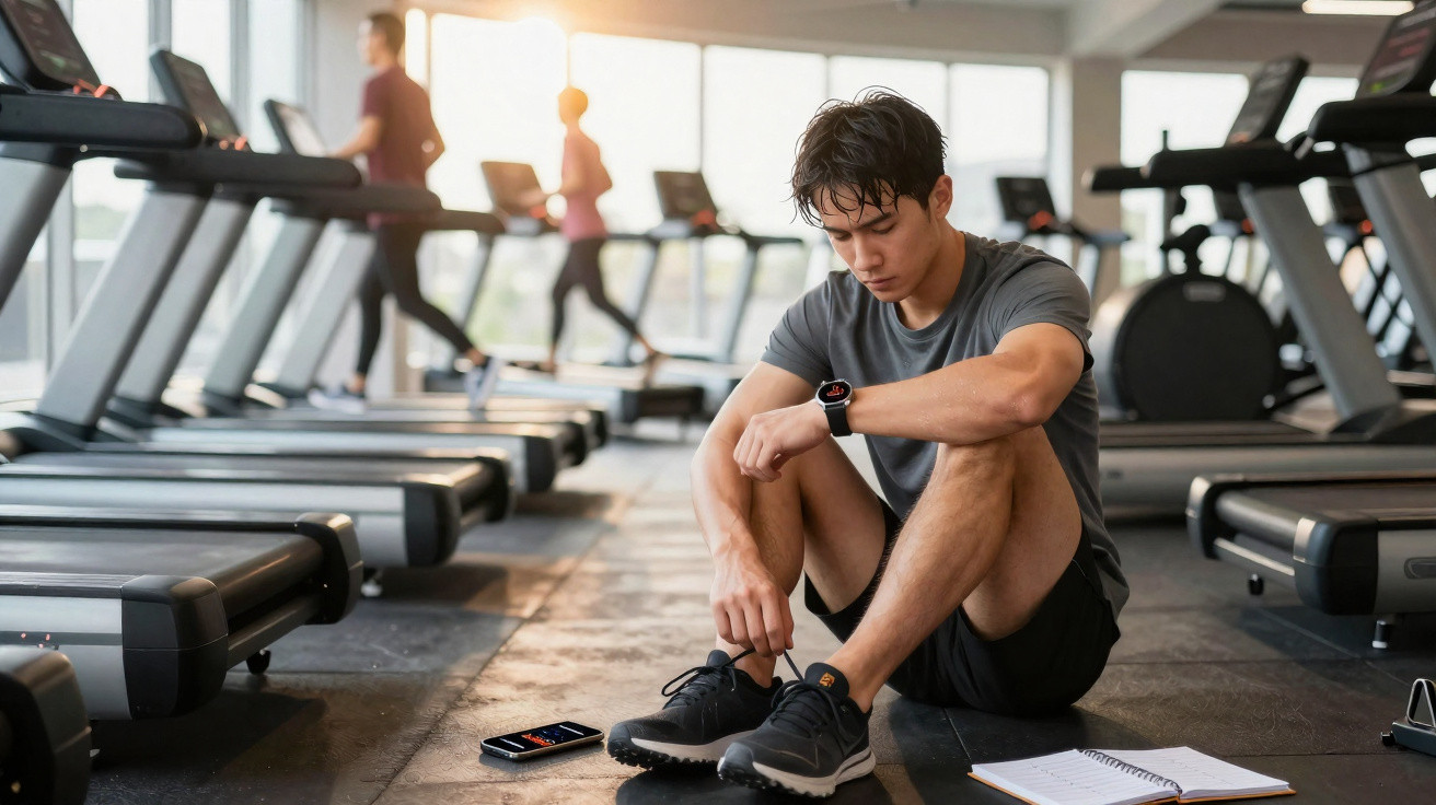 Homem jovem sentado no chão da academia a apertar os atacadores dos ténis, com equipamentos de exercício ao fundo.