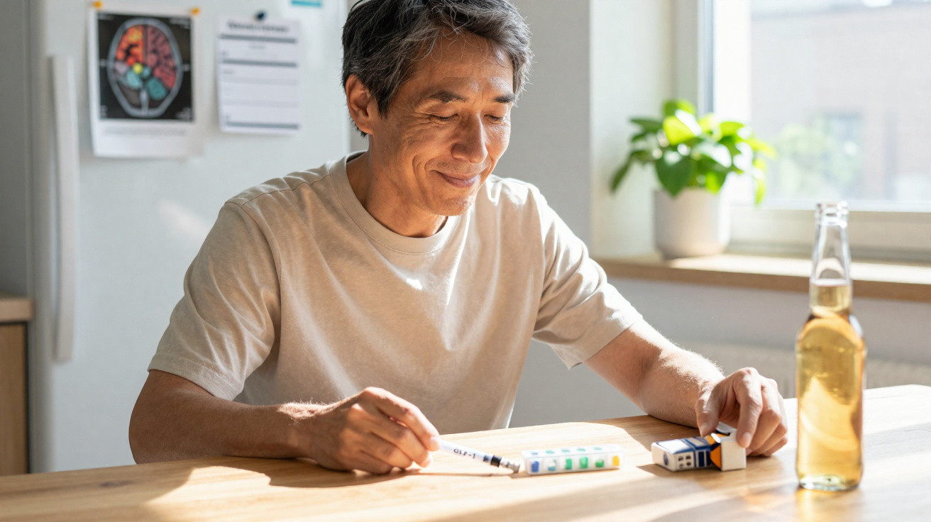 Homem sentado à mesa, a fazer teste de medição com tira indicadora, junto a garrafa de bebida e miniaturas de casa.