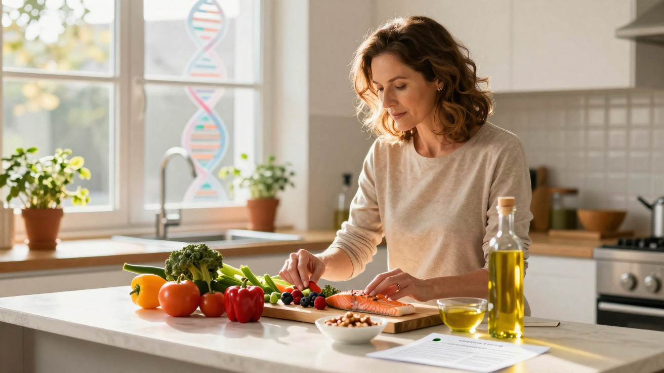 Mulher prepara salmão e legumes frescos numa cozinha iluminada com plantas e luz natural.