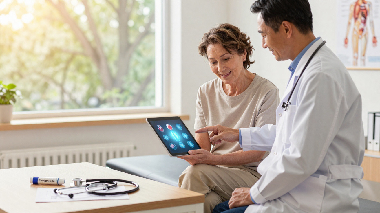 Médico a explicar resultados de saúde a mulher com um tablet numa consulta num consultório iluminado.