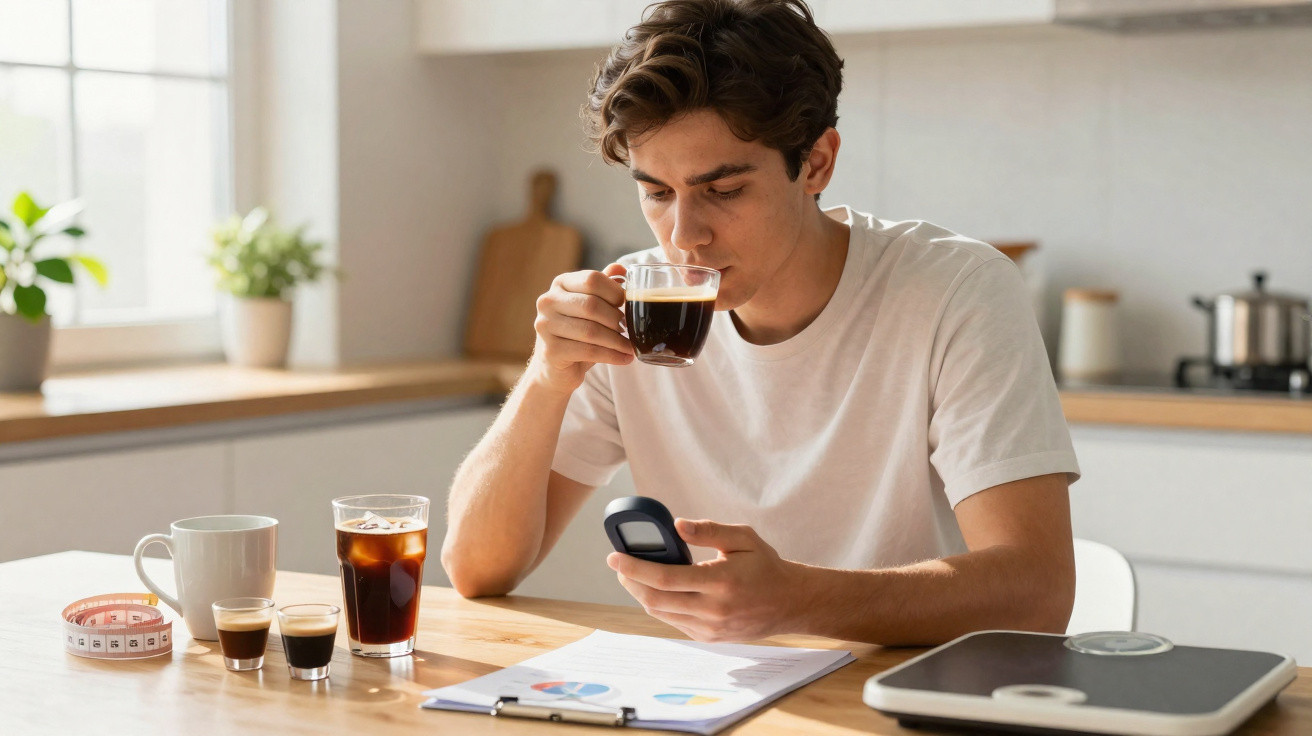 Homem sentado numa cozinha a beber café e a consultar um medidor numa mesa com bebidas e documentos.