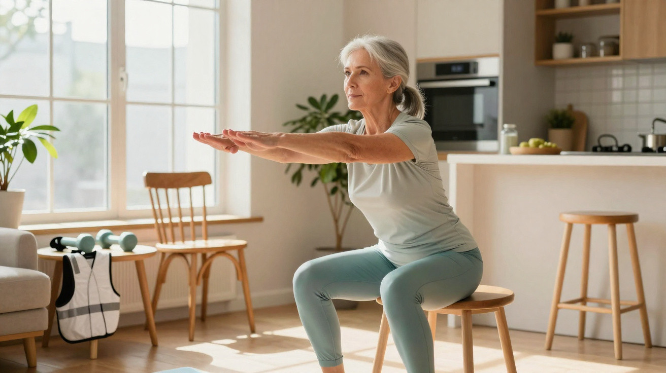 Mulher sénior a fazer exercício físico sentada numa cadeira numa sala iluminada e acolhedora.