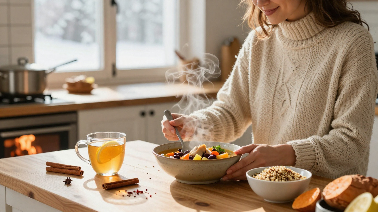 Mulher a comer uma tigela de papa quente com fruta, chá e ingredientes naturais numa cozinha luminosa.