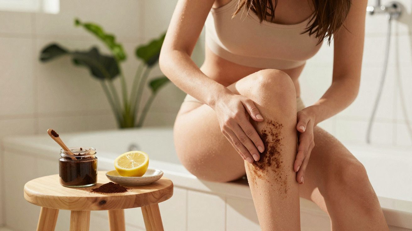Mulher a aplicar esfoliante natural de café em perna, com meia-lua e pote numa mesa de madeira.