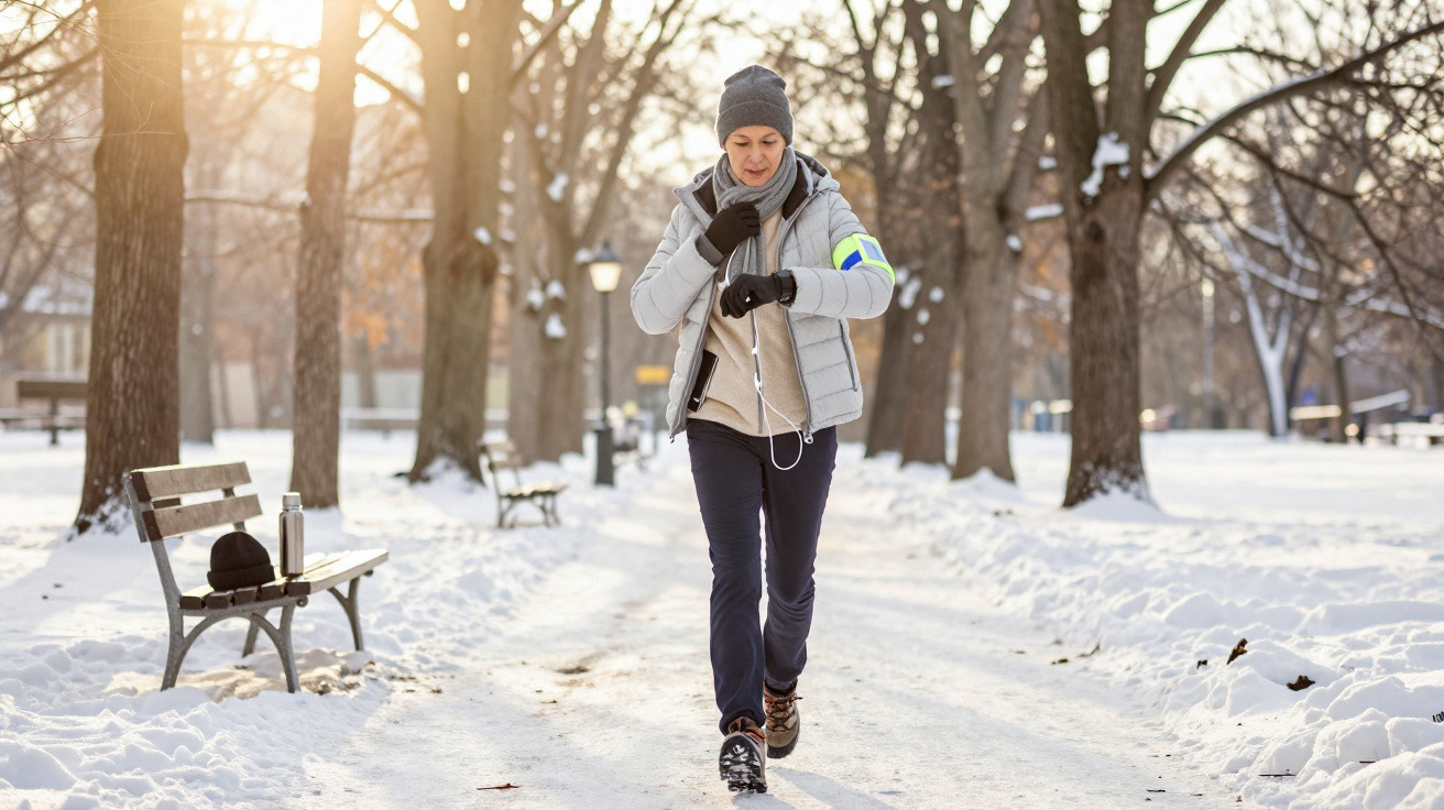 Pessoa a correr no parque nevado, vestida com roupa de inverno e a consultar o relógio.