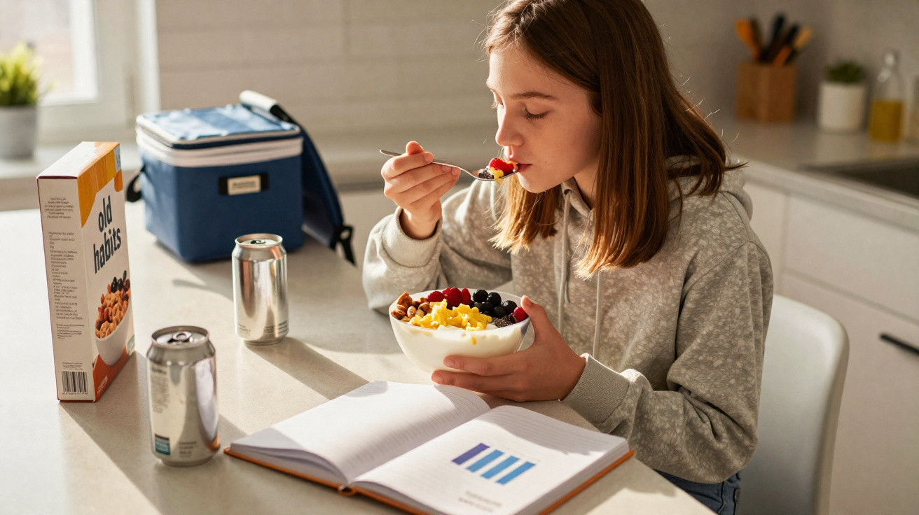 Jovem a comer fruta e cereais numa tigela enquanto estuda numa cozinha luminosa.
