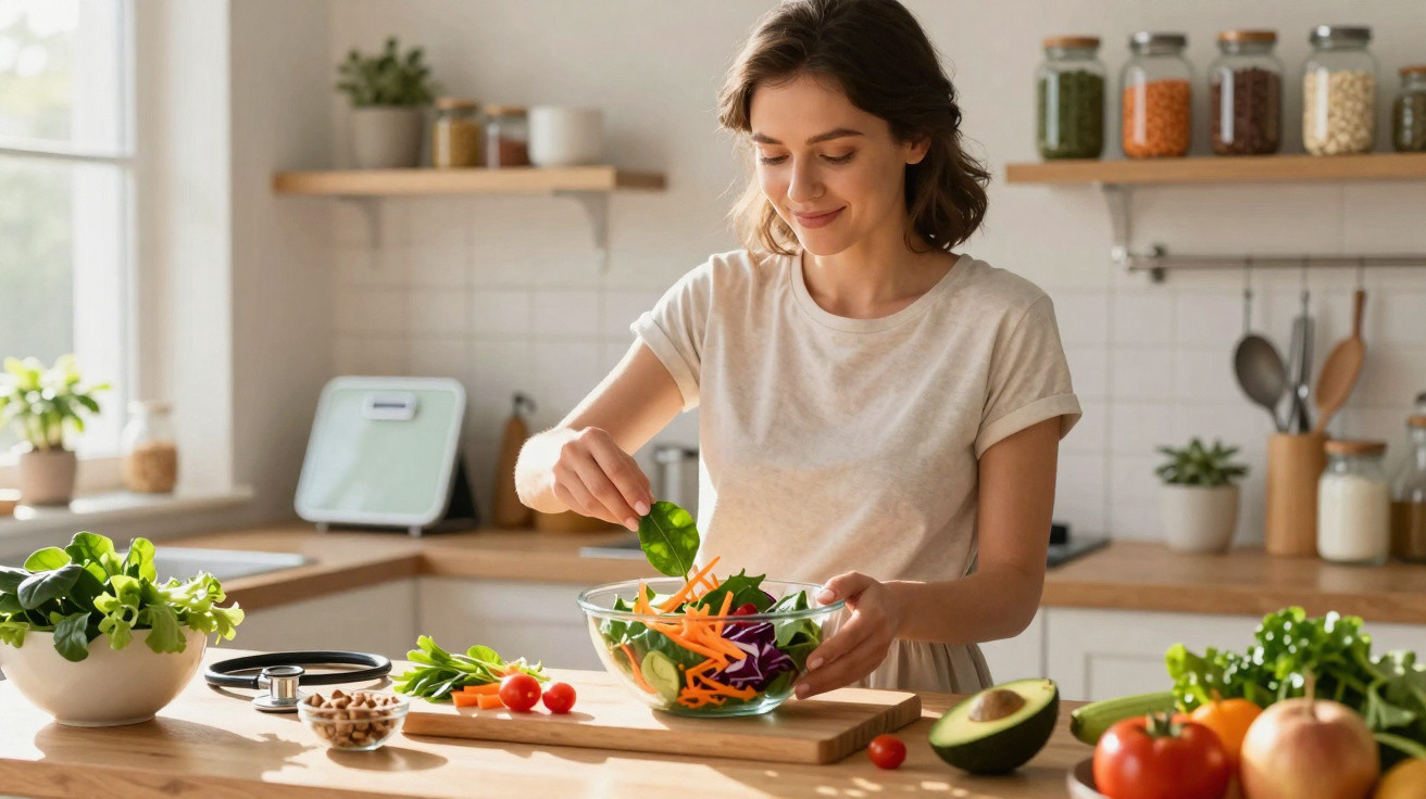Mulher jovem a preparar salada saudável numa cozinha iluminada e organizada.