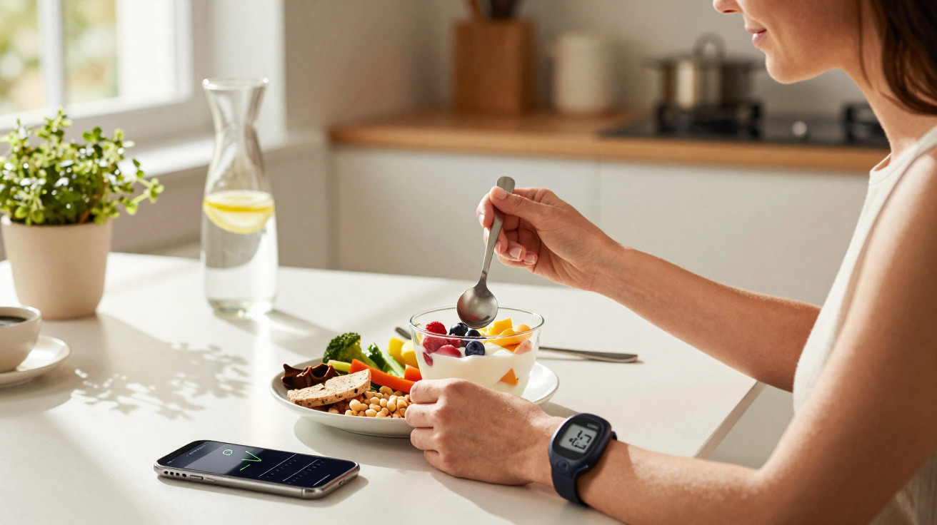Pessoa a tomar pequeno-almoço saudável com iogurte, frutas e legumes, usando relógio fitness à mesa.