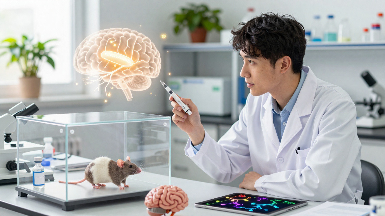 Cientista em laboratório a estudar cérebro digital projetado, com rato em caixa de vidro para investigação.