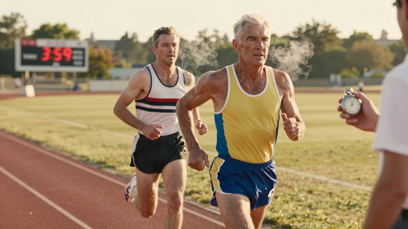 Dois atletas a correr numa pista ao ar livre, com um cronómetro a marcar o tempo.