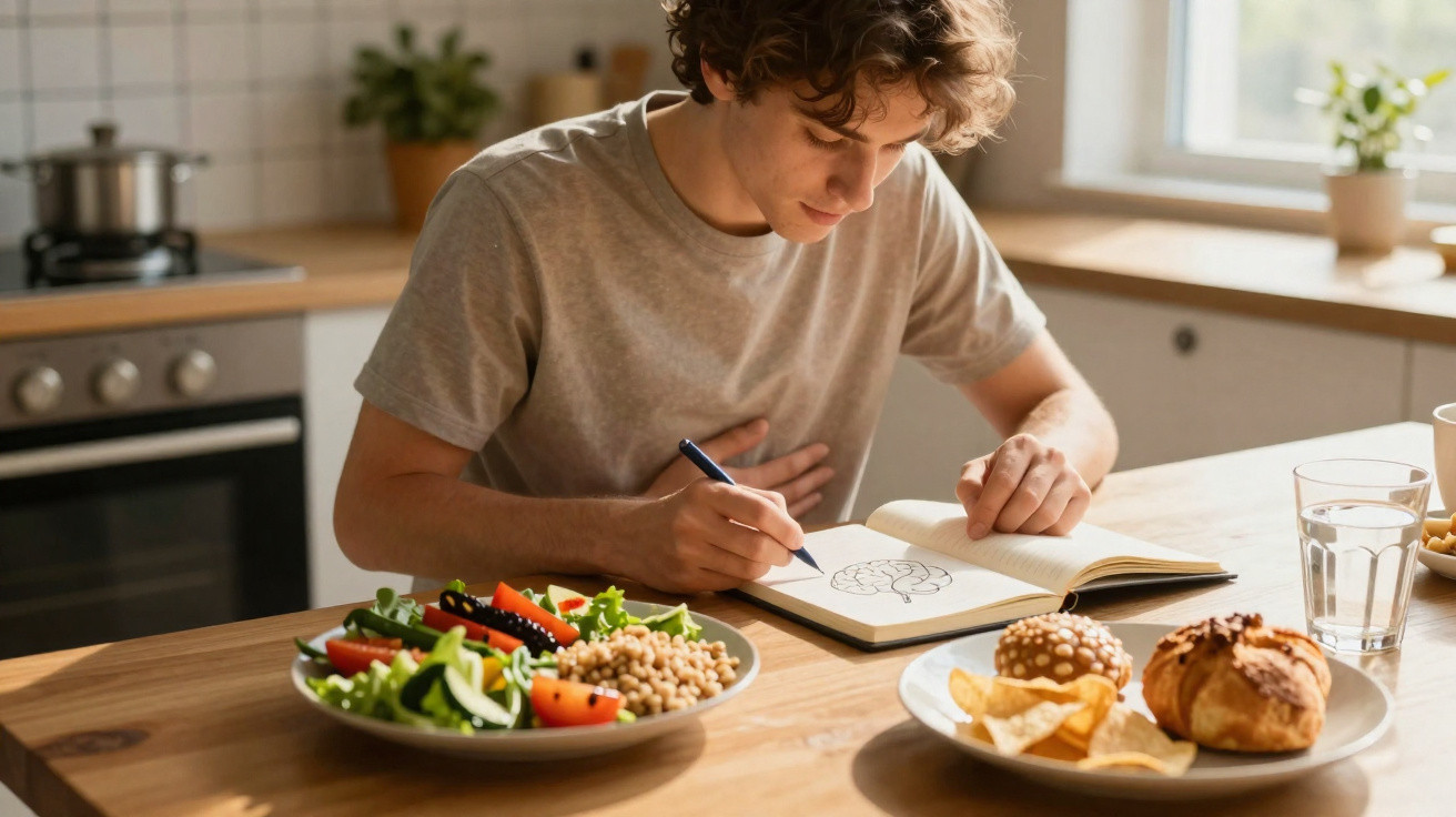Jovem sentado à mesa da cozinha a desenhar um cérebro num caderno, com pratos de comida à sua frente.