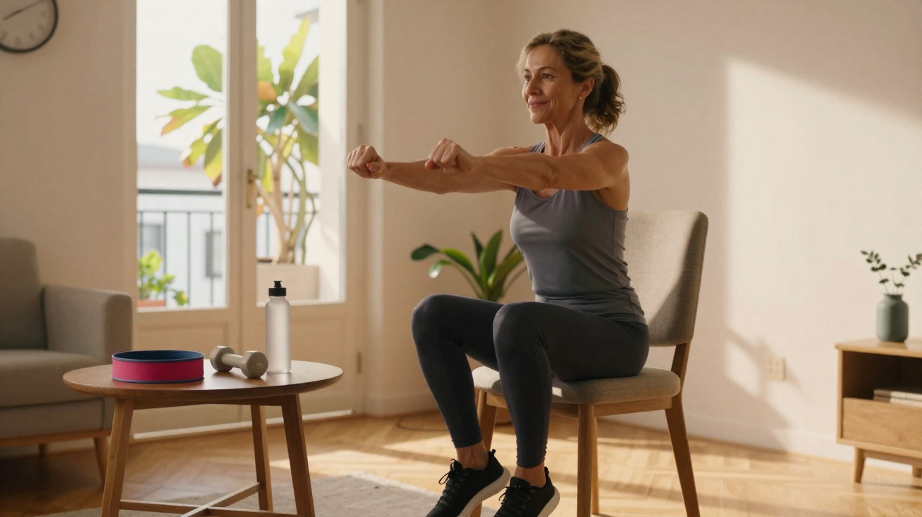 Mulher a fazer exercício físico sentada numa cadeira numa sala iluminada e com plantas.
